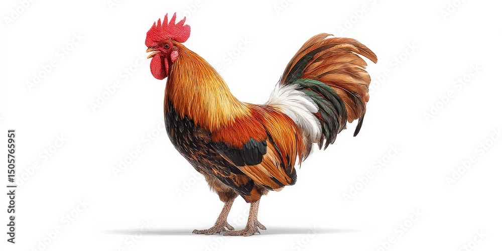 Fototapeta premium A vibrant rooster, its plumage a mix of reds, oranges, and blacks, stands against a stark white background.
