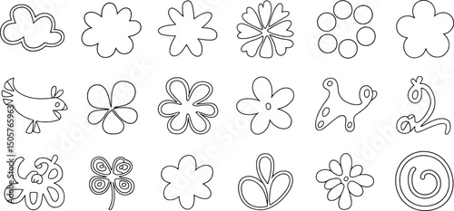 Cute simple line art flowers birds clouds