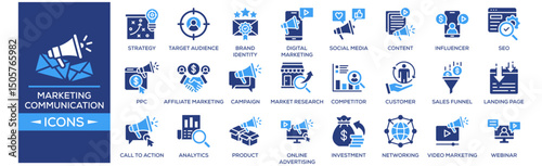Marketing Communication Icons icon set. Containing design Marketing Strategy, Target Audience, Brand Identity, Digital Marketing, Social Media Marketing. Solid icon collection.