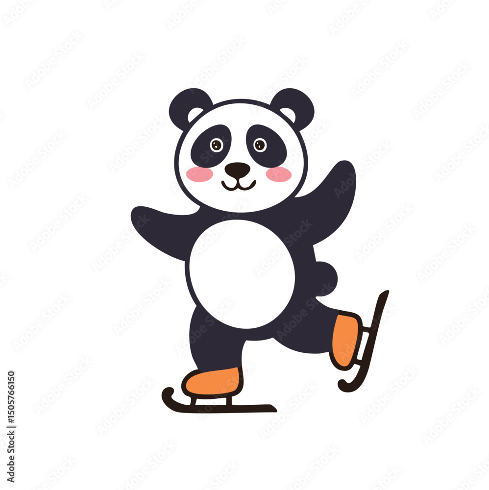 Naklejka premium Adorable panda ice skating winter fun cartoon character