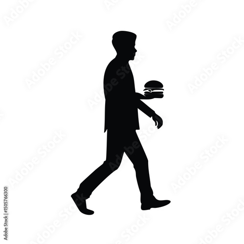 Man walking silhouette holding burger fast food