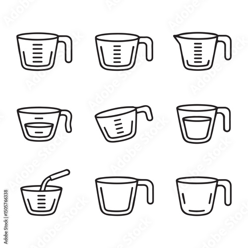 Measuring Cup and Kitchen Scale Icons Set. Set of Measuring Cups in Various Stages
