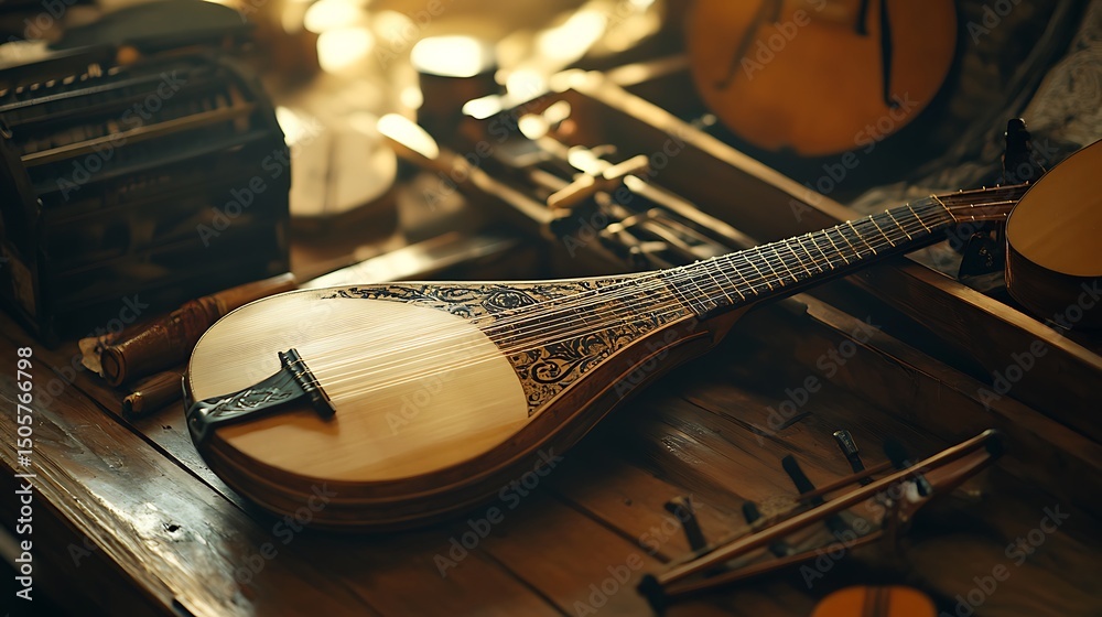 Fototapeta premium Stringed Instrument on Wooden Table with Other Instruments