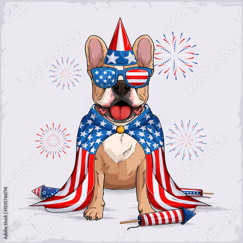 French dog breed bulldog in 4th of July disguise, wearing a cape, sunglasses, party hat with firecrackers in American flag pattern