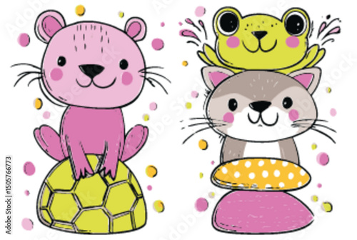 Cute Cartoon Animals in Bright Colors with Fun Patterns for Kids