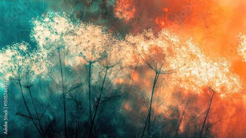 Macro close-up of an ethereal, abstract photograph depicting delicate, white, fluffy plants. The color scheme features shades of orange and teal