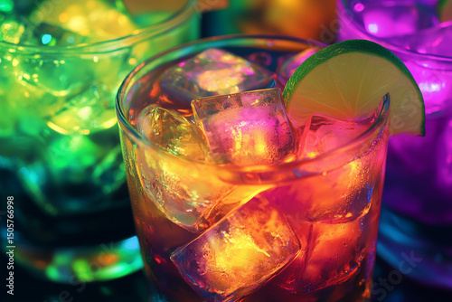 Vibrant Cocktail with Lime. Colorful cocktail with ice cubes and lime slice, ideal for party or bar promotions.