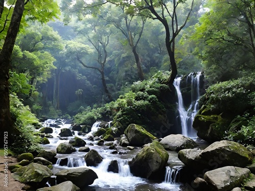Waterfall flows over mossy rocks in a lush green forest, creating a peaceful and picturesque natural scene.