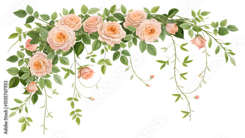 Hanging Creeper PNG with Soft Peach Roses and Green Leaves