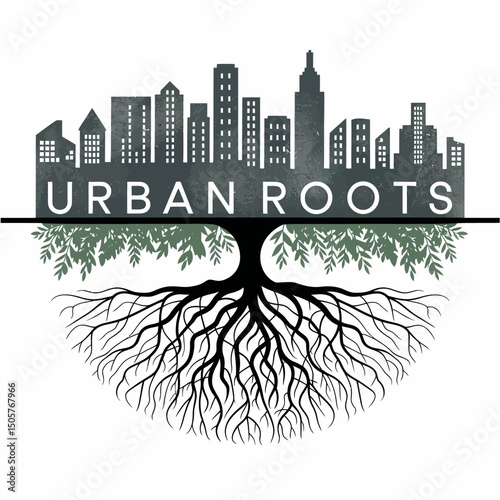 Urban Roots Cityscape Skyline Tree Roots Design Graphic Illustration Artistic Modern Minimalist Nature Cityscape Background Image dark green black white clean style print decor    