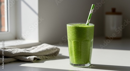 Healthy green smoothie with striped paper straw on sunlit kitchen counter