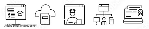 Conjunto de iconos de plataformas educativas. Aprendizaje, conectividad, certificación. Aula virtual, biblioteca en la nube, formación remota, recursos integrados, diploma digital