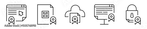 Conjunto de iconos de certificados digitales. Autenticidad, acceso, validación. Diploma en línea, verificación con QR, archivo en la nube, emisión digital, seguridad certificada. Ilustración vectorial