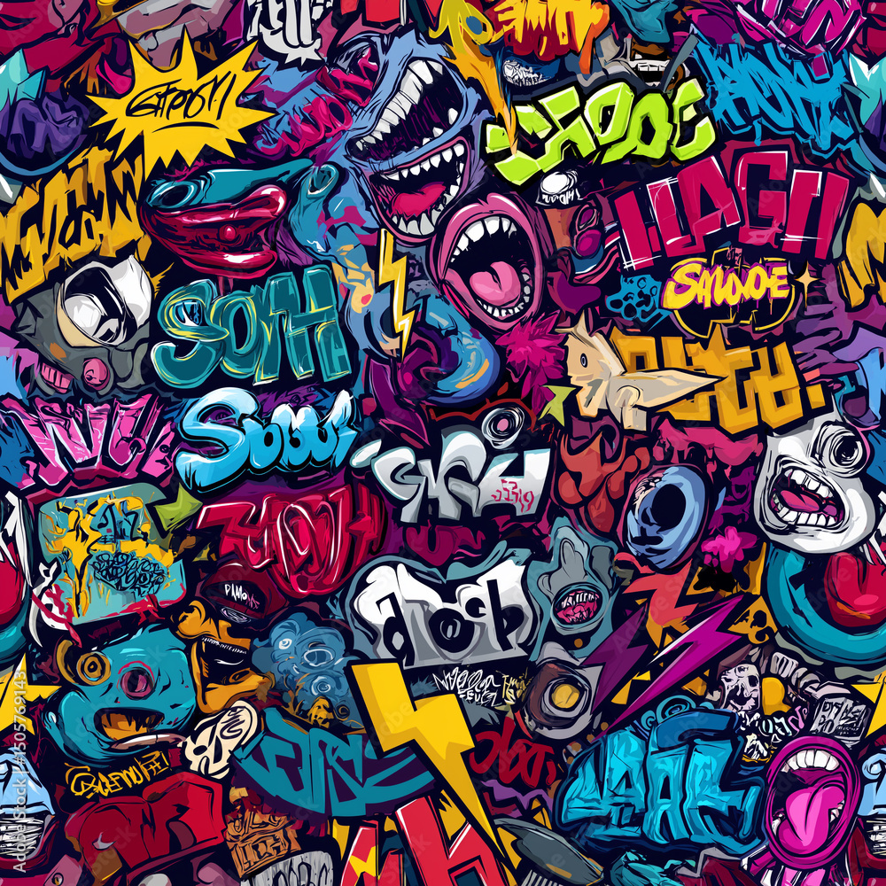 Obraz premium Vibrant Graffiti Sticker Bomb Seamless Pattern Urban Art Wall Texture