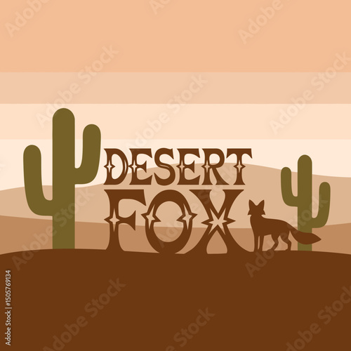 Desert Fox Silhouette Cactus Landscape Western Graphic Design Art Print Vintage Style Brown Tones Minimalist Illustration Southwest Desert Animal Theme Aesthetic Poster Home Decor 