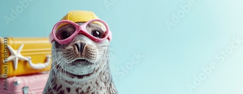 Seehund mit Schwimmbrille und Badekappe vor bunten Koffern 