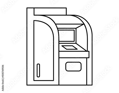 Hand drawn cute outline illustration of ATM. Flat vector financial transaction sticker line art doodle. Successful purchase. Automated teller machine icon or print. Cash dispenser. Isolated.
