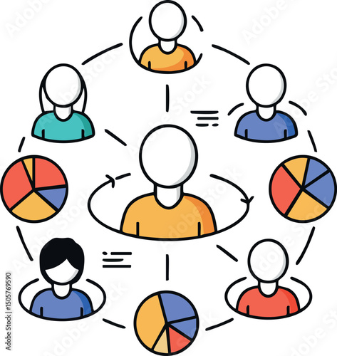 Business teamwork and collaboration with pie chart data sharing vector illustration 