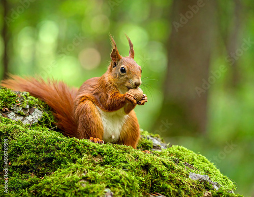 Mossy Rock Squirrel With Nut Cute Animal Nature