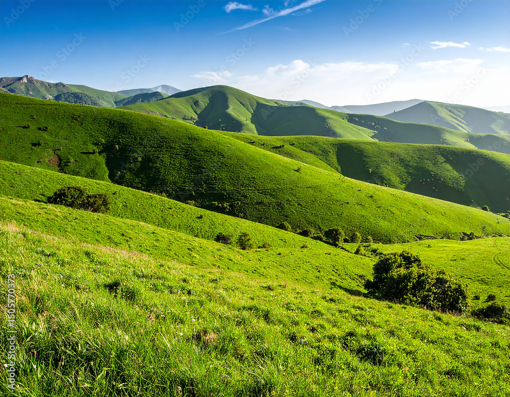 Obraz premium Green Rolling Hills Blue Sky Summer Scenery