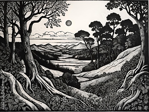 black and white landscape illustration of mountains, lake, trees, and sun in a calm natural setting