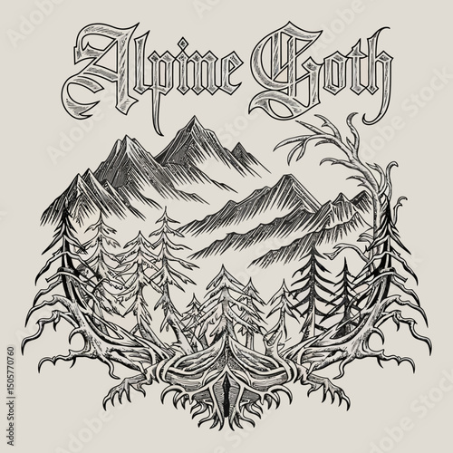 Alpine Goth Mountain Landscape Dark Art Print Gothic Style Black Ink Drawing Mystical Forest Trees Vintage Style Illustration Nature Scene Hand Drawn Graphic Design Element pen    