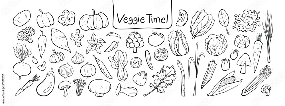 Isolated hand Drawn Vegetable Clipart Set on a transparent background. Black outline on white plain Illustration Style.