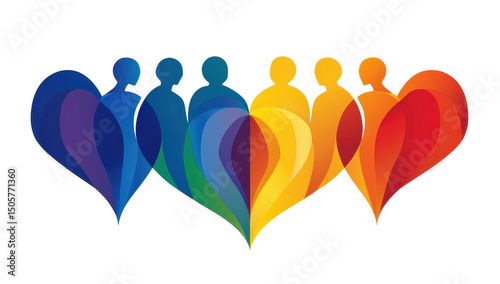 Seven stylized figures, forming a rainbow-hued heart shape, symbolize unity and diversity