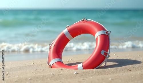 A bright red life preserver rests on the sandy beach with the ocean shimmering in the background.