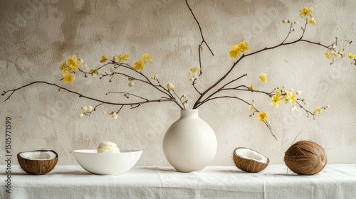 Still life photography, minimalist composition with white tablecloth and ivory flower branches in the vase, with yellow flowers, white bowl gelato 