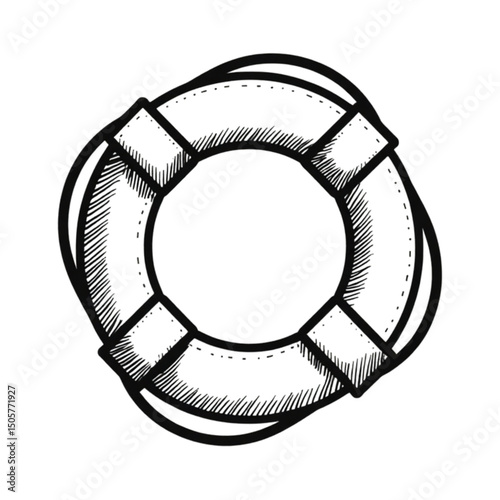 Stylized line drawing of a lifebuoy in black and white