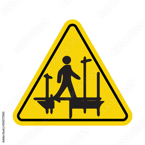 warning sign for uneven surface hazard with pedestrian and obstacles in yellow triangle