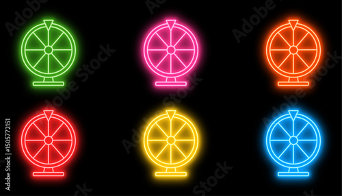 Vibrant neon vector set of multi-color spinning wheels icons isolated on dark background, fortune wheel for luck, chance games and contests
