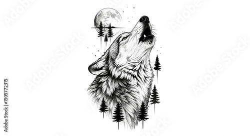 Monochrome illustration depicting a howling wolf silhouette against a backdrop of a full moon and trees graphic design for t-shirt