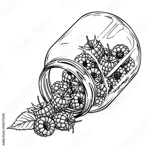 Raspberries spilling from a glass jar, in black and white, for food blogs
