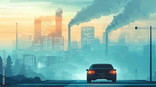 Animation video Urban skyline at twilight, with motion blur of cars on a busy street.