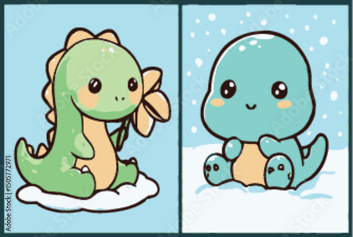 Cute Cartoon Dinosaur and Aqua Creature in Playful Settings