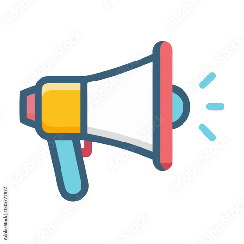 Colorful megaphone illustration with vibrant details, showcasing sound waves emanating from the speaker, symbolizing communication, announcements, and public speaking in a modern design style