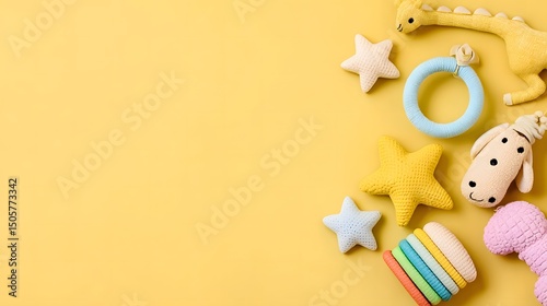 Plush Baby Toys Colorful Soft Toys on Yellow Background