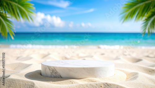 Tropical sand beach with marble podium for summer product display on blurred sea horizon background
