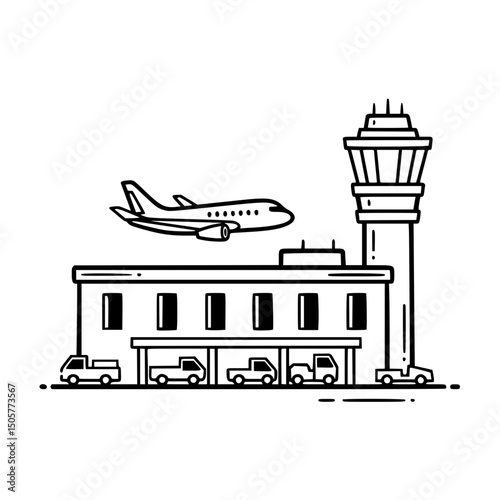 Airplane taking off near airport terminal, in monochrome line art style, for travel blogs
