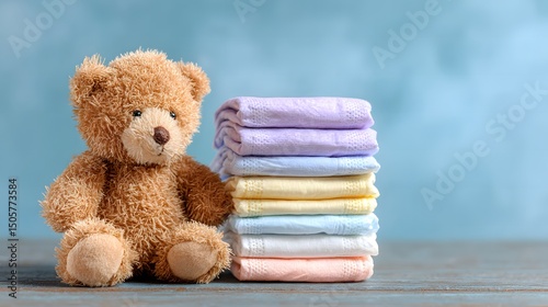 Teddy Bear & Pastel Baby Blankets Flat Lay on Blue Surface