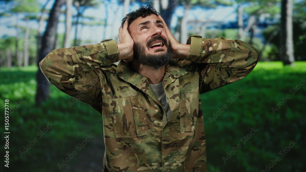 Obraz premium Hispanic man in military uniform looking distressed in a green park surrounded by trees under a bright sky.