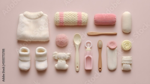 Flat Lay Baby Essentials Neutral Pastel Knitted Sweater, Booties & Care Items