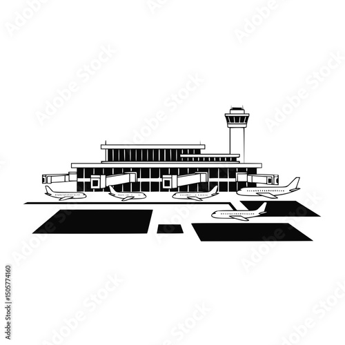 Airport terminal building illustration, black and white, for travel brochures