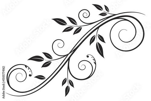 Abstract black and white floral design element with vintage swirl pattern and ornamental plant decoration