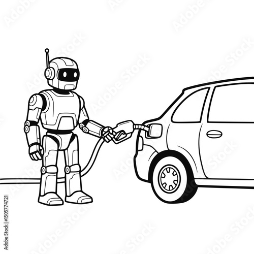 Robot refueling a car, black and white illustration for educational purposes