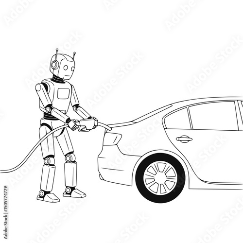 Robot refueling a car, monochrome illustration for technology, automation concepts