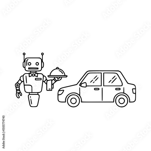 Robot waiter with food delivery car, for website design