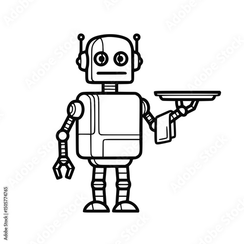 Retro robot waiter, in black and white, for restaurant menus